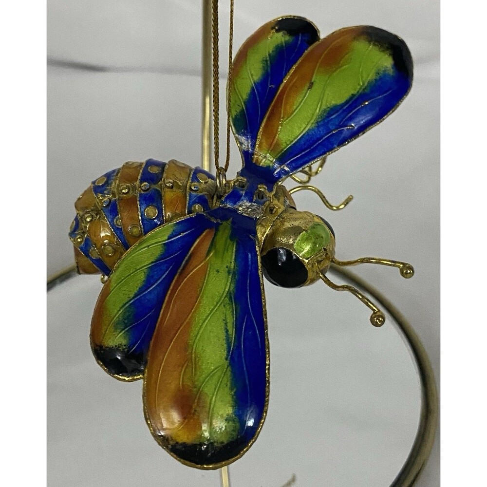Blue Green and Orange Bumble Bee Articulated Cloisonne Metal Christmas Ornament